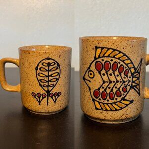 Vintage OTAGIRI Fish and Floral Tan Stoneware Mug with Brown Speckles